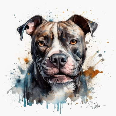 cute Staffordshire Bull Terrier dog portrait, full face, centered shot, side shot, dynamically posed, in action, playful mood, happy mood, playing mood, cute face, adorable smile, childlike eyes, clean watercolor illustration, white background, nursery baby imagery, painting, detailed, 8k, PNG, clipart,