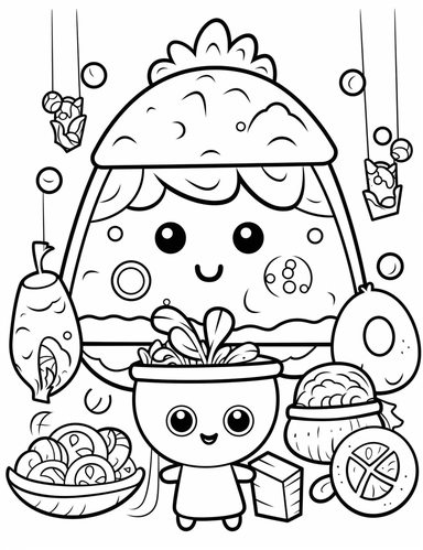 A kawaii pizza slice with friendly eyes, topped with adorable ingredients like mushrooms and pepperoni For Simple Coloring page,line art, thick lines, black and white,clipart, illustration, on white background,margin Page 10px