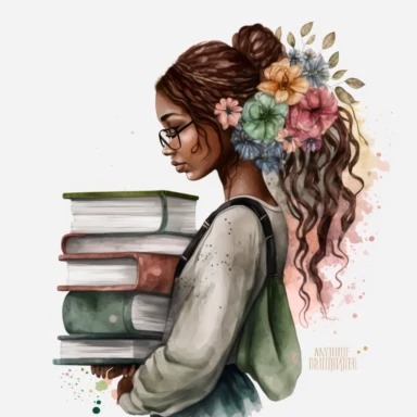 Watercolor effect, black woman with long braids holding stack of books in hand, looking to the other side, side view, hair covering her face, wearing jeans and a blouse, covered with flowers, pink, brown, and green fabric texture with watercolor effects, flowers, butterflies, clipart png 4k, 8k, Cozy pink, brown, and green