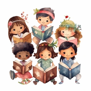 many different nationality Cute little children reading a book, folk art, watercolor, clipart elements, kawaii, white background