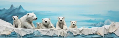 a line of cute miniature polar bear cubs on an iceberg, a collage of mixed media art made with tissue paper, magazine and newspaper clippings, oil paint, graphite pencil lines and fabric, in the style of playful surrealism, whimsical, washi tape