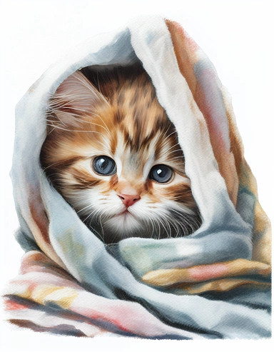 baby cat in a blanket, watercolor clipart, transparent background