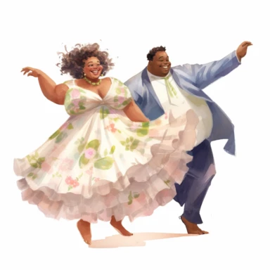 Overweight Afro-Caribbean bride and slim Chinese groom, dancing gracefully, elegant and enchanting, watercolor, Pixar style, Clipart on a white background.