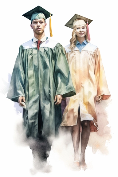 realistic watercolor drawing of gark skinned woman and man wearing cap and gown on graduation day clipart, front view, in style of Michiel van Huysum, subtle faded color variations, hyper-detailed hd clipart, on white background, spaced out