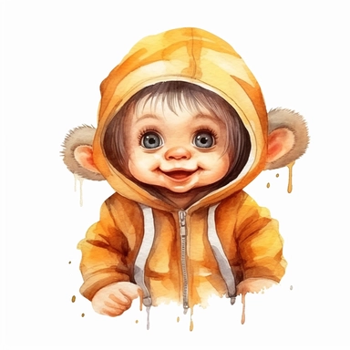 cute kid wearing Monkey costumes and with happy face,front facing on isolated background,with happy face and expression,Animal Sublimation Clipart,no splash watercolor,white background, ultra detailed clipart, cut out image, colorful watercolor realistic, cartoon style, ultra HD, sharp and clean art