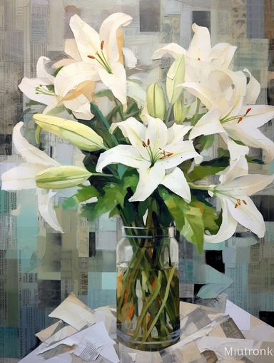a painting of White lilies, in a vase on a collage of newspapers, by Ruth Hollingsworth, pinterest contest winner, impressionism, newspaper clipping, matthew stewart, Eucalyptus leaves, Thick coating, bible illustration, very small brushstrokes, malcolm hart, biblical art, etsy, offhand, clean sharp focus, high detail,Crazy details, 8k @233694@