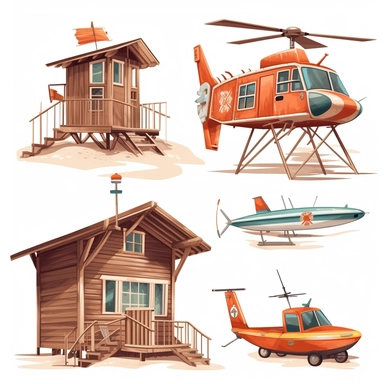 atercolor beach lifesaver and lifeguard huts , illustrations clipart set, simple, , cartoon elements ,different variants , separate elements with a margin, wooden and plastic elements elemets, helicopter, lifesaver boat, jetski ,4k, high resolution