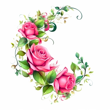 clipart, flowers in the shape of a curve or border for corner, one per page, watercolor clipart, hot pink roses and green leaves, isolated on white background,