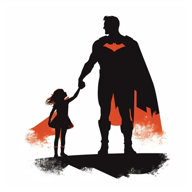 silhouette of a father as a superhero with girl, retro pop art, clipart, white background