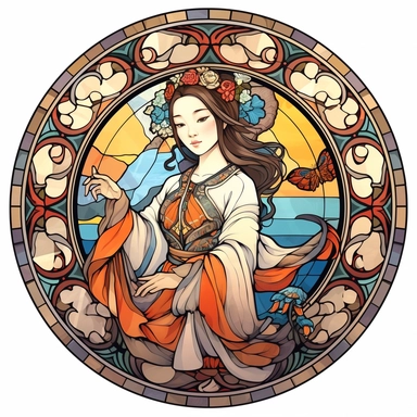 Vintage Cute Beautiful Round Stained Glass Korean fashion girl Sublimation Clipart, Cartoon, hyper realistic, intricate detail, illustration style, high solution, on the white background