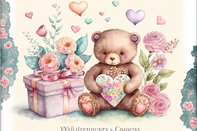 valentine flowers, chocolates, teddy bears, heart, cards letters expressing love and affection accessories clipart, Aquarelle hand painting, aesthetic, watercolor, sparklecore, fantastic realism, fairytale