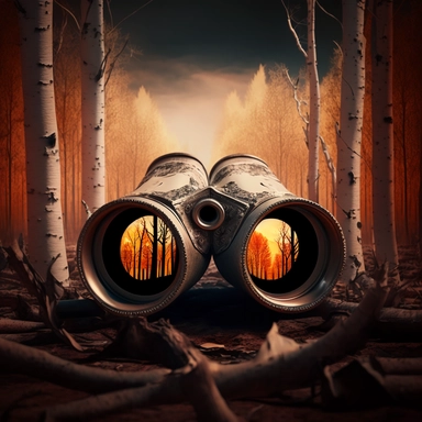 Clipart. Broken but functional, cool binoculars in front of a birch forrest set on fire. Destruction.