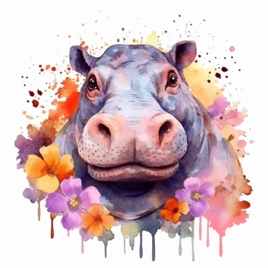 watercolor, hippo, flowers clipart