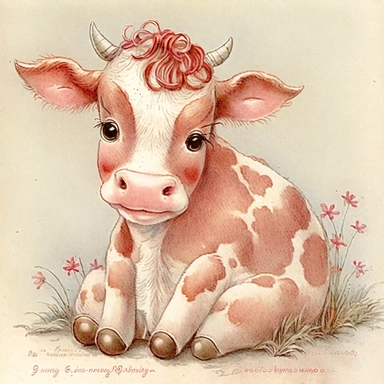 Cute - french style sitting baby cow smiling clipart, pink red hairclip in its hair, proper feet, proper hooves, 1960, in the style of realistic watercolors, childlike innocence and charm, adorable eyes, rosy cheeks, shy posture, feminine sensibilities, realistic drawing in storybook illustration, pencil drawing by Angela Barrett, Elsa Beskow 300 DPI, valentines day themed, white background