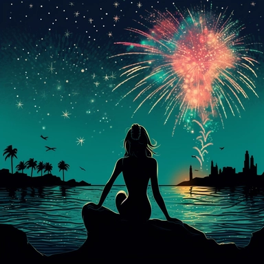 usa mermaid watching fireworks, clip art style