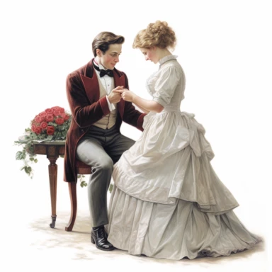 old victorian era, man proposing to woman, angle perspective, hyper-realistic painting, decorated with minimal amount of red roses, intricate details, elegance, charm, clipart, white background