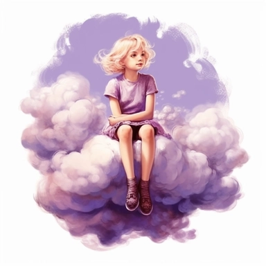 adorable little vintage blonde whimsical girl sitting on a magical cloud, space purple colors, face looking straight, full body, clipart style, accurate details, oil painting technique, super high quality, professional watercolor clipart, high resolution