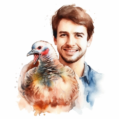 Adorable pet Turkey having happy moment with it's human owner, water color style, clipart, white background