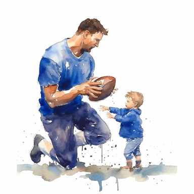 Watercolor, father and child in blue playing American football, watercolor style clipart, solid white background