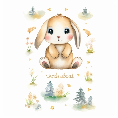 cute chibi bunny rabbit with droopy ears, simplistic doodle, full body view, watercolours and shiny gold glitter, prominent visible brush strokes, by amanda clark, watercolor clipart png on white background with free margins