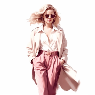beautiful blonde girl in fashionable clothes in shades of pink and cream, clipart, isolated on white background, 4K