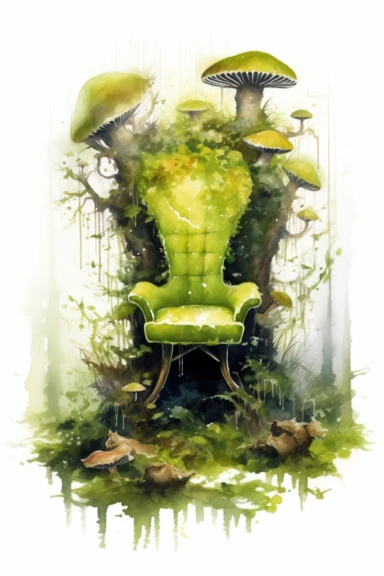 a watercolor painting of an abandoned moss - covered [chair] in a mystical forest, feerie twisted and gnarled trees, glowing shamrock, sparkles, forestpunk, mushroompunk, enchanted, volumetric lighting, clipart style, White background