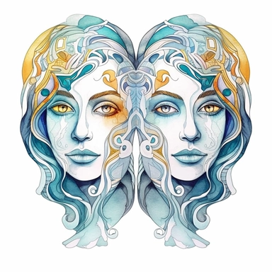 Watercolor clipart, of a twin people head concept zodiac sign of Gemini, colorful and detailed, with white color background, 2D, vector,