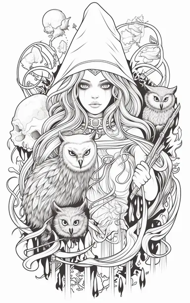 Coloring cartoon page for adult,witch clipart 6 witches, owl, in the style of reimagined by Dr. Seus, mystic mechanisms, illusory images, witchcore, lith printing ,clear and clean line art, white background
