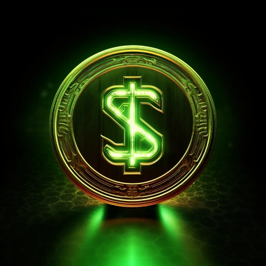 glowing green currency symbol for sci-fi video game on a gold coin, clip art