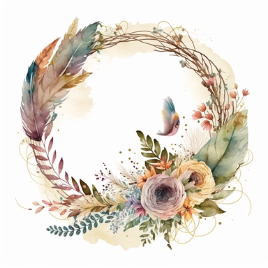 intricate and detailed watercolor simple circle border for wedding clipart masterpiece of boho floral arrangement with boho flowers and feathers and leaves, exquisite realism caricature style with excellent depth color shading, use of fabric, soft and subtle colors of watercolor style, plain background