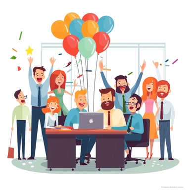 an illustration of hapless employees in an office celebrating corporate culture, in the style of Alegria art, globohomo, vector flat art , neautal white background, clip art, inclusive art