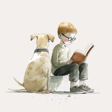 a dog sitting next to a young boy reading a book, watercolor and ink drawing, clipart, happy, gentle smile, beautiful watercolor ink wash coloring, thick pencil lines, Jon klassen, Adrian tomine, popular on etsy, watercolor illustrations clipart, watercolor illlustrations for kids and children, book illustrations, plain white background