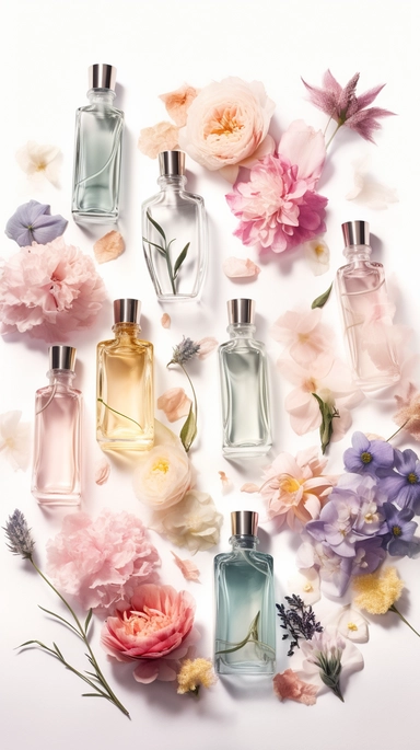 realistic watercolor illustration. clipart. different shape of pastel perfume bottles with variation randomly placed on a white soft background. flowers. roots. sophisticated. made entirely out of different types of flowers and perfume bottles standing tall against a white background. The image is designed as a poster. perfect for printing and sharing with friends and family. knolling