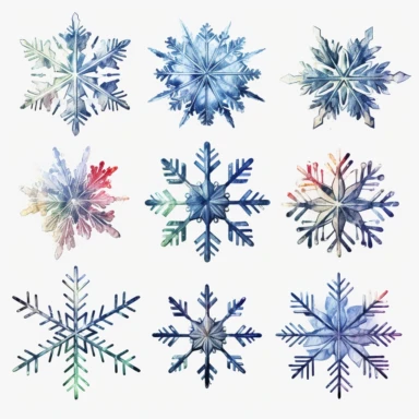watercolor, Set of line drawing illustrations of snowflakes. png Full body realistic cartoon in 32K UHD cute. 15 cm thick outline. Black color. There was no shadow on the ground. 8k with realistic watercolors and detailed illustrations. PNG clipart, transparent white background