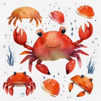 watercolor clipart of a red crab clipart , cute cartoon marine animals, watercolor, watercolor paper texture, no background. clear simple shapes. isolated clipart. Adorable. High quality.