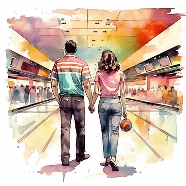 A retro bowling alley, three people wearing colorful bowling shirts and enjoying a friendly competition, american style, watercolor, clipart