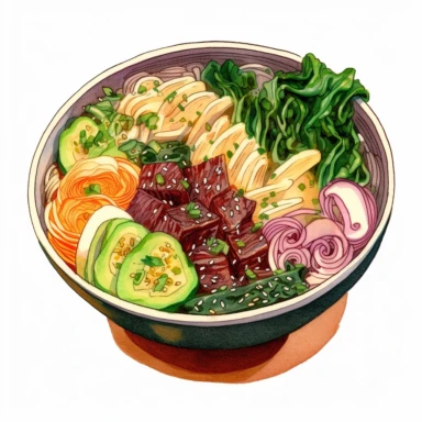 ramen in bowl clipart with toppings like sliced beef, green onions, nori, and a flavorful broth, white background vibrant watercolour, hight detail, 32K, HD