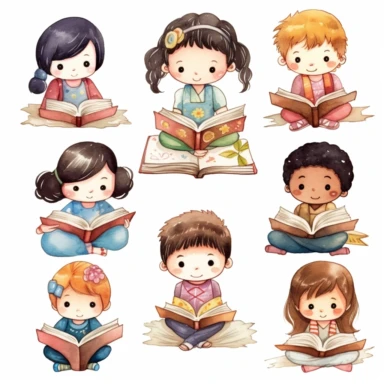 Many different nationality Cute little children reading a book, folk art, watercolor, clipart elements, kawaii, white background