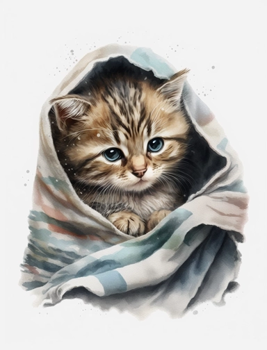 baby cat in a blanket, watercolor clipart, transparent background