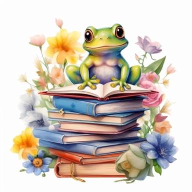 a Cute Frog over book stacked flowers clipart, vintage illustration, vintage print poster, Woods Forest Animals Frog PNG Frog Daisy Flowers Water Lilies Sublimation watercolor print, white background, watercolor paint, procreate watercolor drawing, Watercolor Sublimation design, realistic cartoon, realistic water based colors, clipart, transparent white background