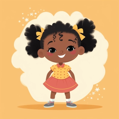 full body in frame, Imagine a heartwarming clipart illustration of a sweet little Black girl with pigtails, her face lit up with a radiant smile. The medium should be digital illustration, with a style that's both playful and endearing, reminiscent of children's book illustrations. The style should be cheerful and charming, drawing inspiration from artists like Mary Blair or Maurice Sendak. The lighting should be soft and diffused, casting gentle shadows that add depth and dimension to the girl'
