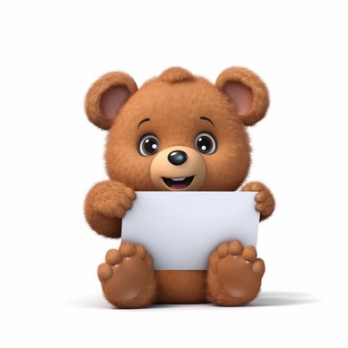 3d cute brown Teddy bear holding a blank piece of paper in its paws, clipart cartoon style, low angle, simple white background, vivid, digital art, 8k, high quality