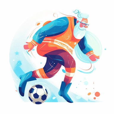 happy Santa Claus playing soccer, happy new year, children storybook illustration. 2d, vibrant luminous colors, flat style, ink Lines, clipart, white empty background, sharp, high resolution, blue pink orange warm