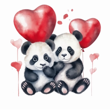 Clipart watercolor, white background: Two cute laughing baby pandas sitting side by side, holding a heart-shaped balloons, detailed, white background