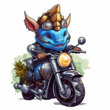 Create a clipart of a cute triceratops in a leather jacket riding a vintage motorcycle. Strong and aggressive colors. Jungle trees before a White Background, soft lighting.