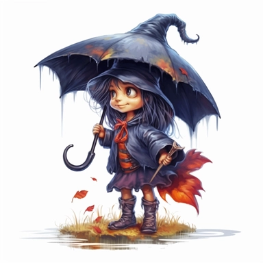 Cute Adorable magical little witch holds laterally a huge umbrella in his hand wears a raincape and stand in the rain on a country road, correct umbrella, clipart, high detail, 8k polished, 8k, vibrant colors, white background, sticker