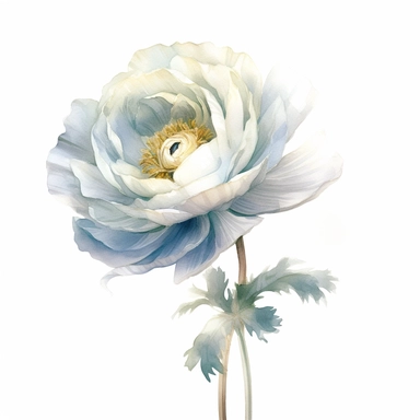 One Dusty blue and white ranunculus flower, big blooms, with muted green whispy foliage with gold flicks, elegant and beautiful floral clipart for wedding invitations, delicate, watercolor, oil painting, defined edge on white background