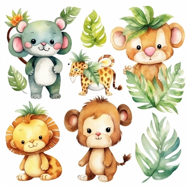Watercolor baby jungle animals , illustrations clipart set, simple , cartoon elements, different variants , , separate elements with a margin