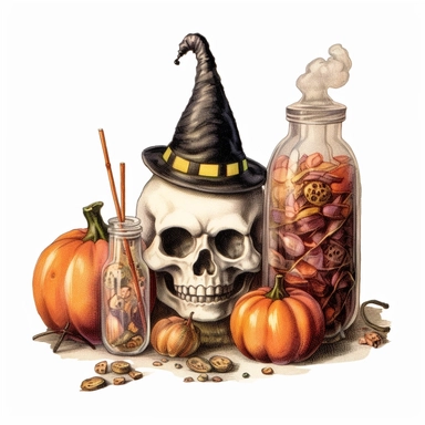 simple, vintage Halloween party, clipart style, color pencil technique, super high quaility, high resolution on a white