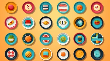 Plates vector clipart vector Plates cute collection, in the style of #screenshotsaturday, flat areas of color, flat color blocks, 1970–present, rough-edged 2d animation, lightbox, colorful animation stills